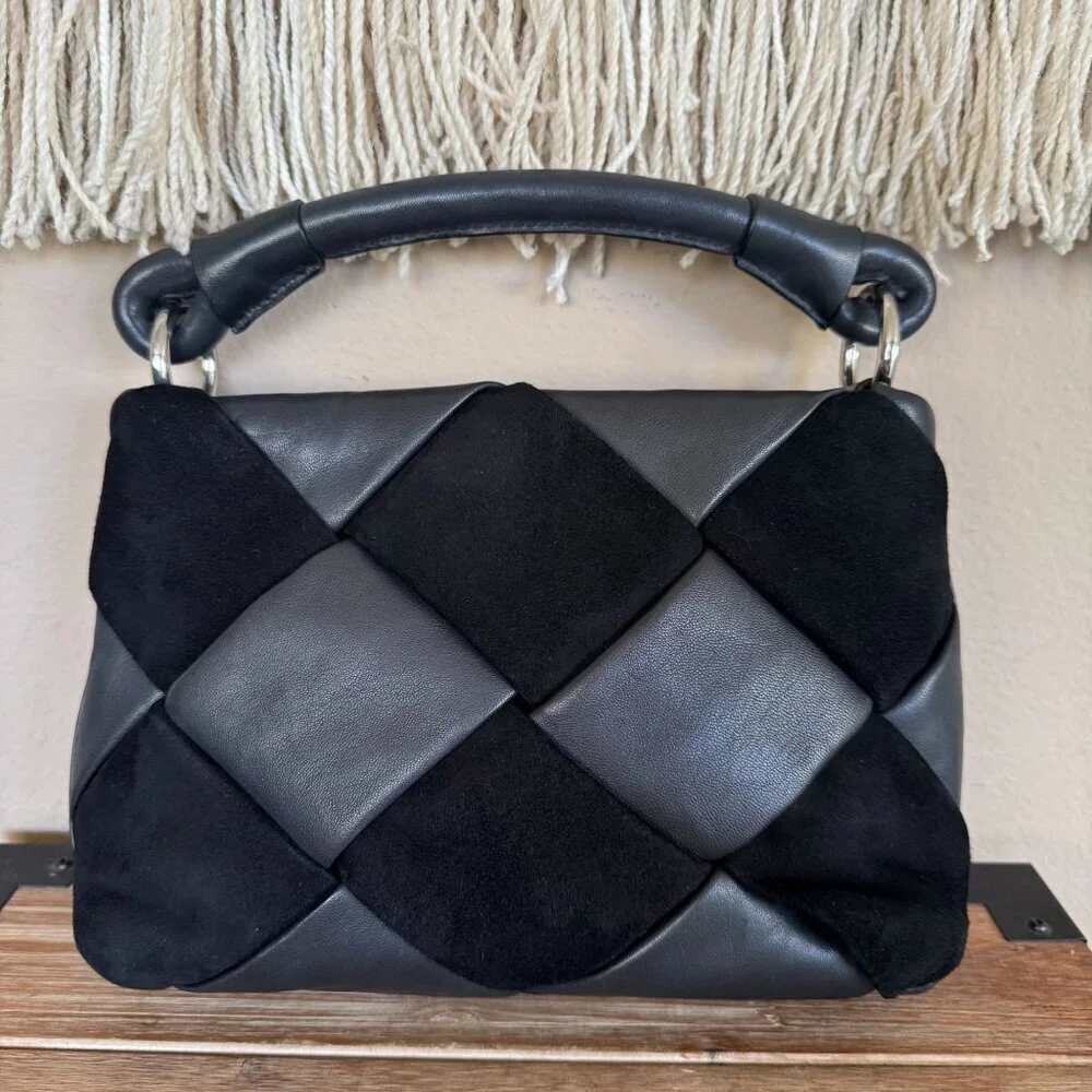 & Other Stories Black Braided Leather Suede Silver Hardware Top Handle Crossbody